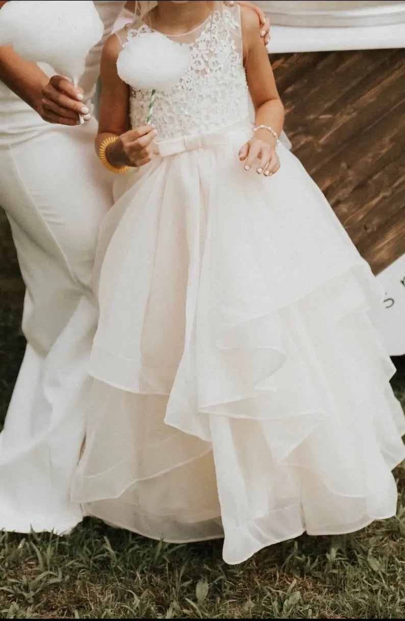 Blumenmädchenkleid Elfenbein Perlen Spitze Satin Tüll Organza Prinzessin Bodenlang Mädchen Ballkleid Kleid Prinzessinnenkleid 