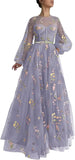 Women's Puffy Sleeve Tulle Prom Dresses Flower Embroidery Long Formal Evening Party Gowns with Pockets