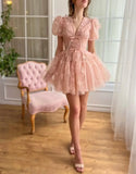 3D Butterfly Tulle Homecoming Dresses for Teens A-Line Short Sleeve Prom Cocktail Dress with Butterfly Appliques