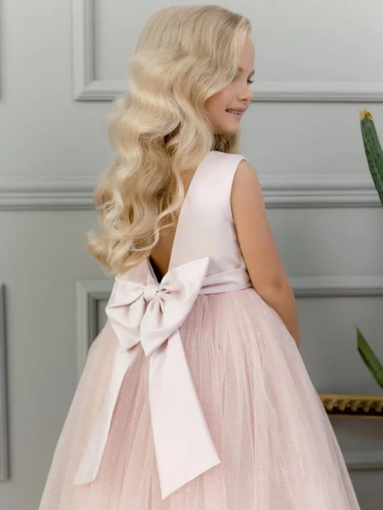 Vestido de tul de satén rosa con lazo sin mangas para boda, fiesta de cumpleaños, primera comunión, fiesta de niñas, vestidos de niña de las flores 