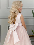 Vestido de tul de satén rosa con lazo sin mangas para boda, fiesta de cumpleaños, primera comunión, fiesta de niñas, vestidos de niña de las flores 