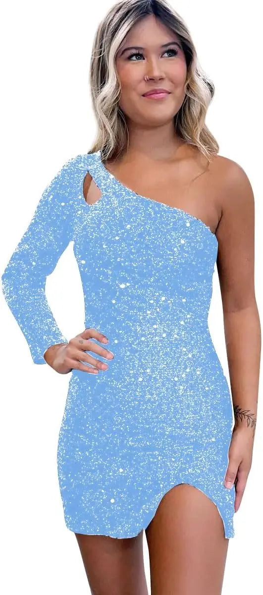 Women's One Shoulder Sequin Homecoming Dress Short Sparkly Long Sleeve Prom Party Gowns for Teens cocktail dresses
