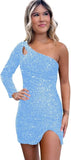 Women's One Shoulder Sequin Homecoming Dress Short Sparkly Long Sleeve Prom Party Gowns for Teens cocktail dresses