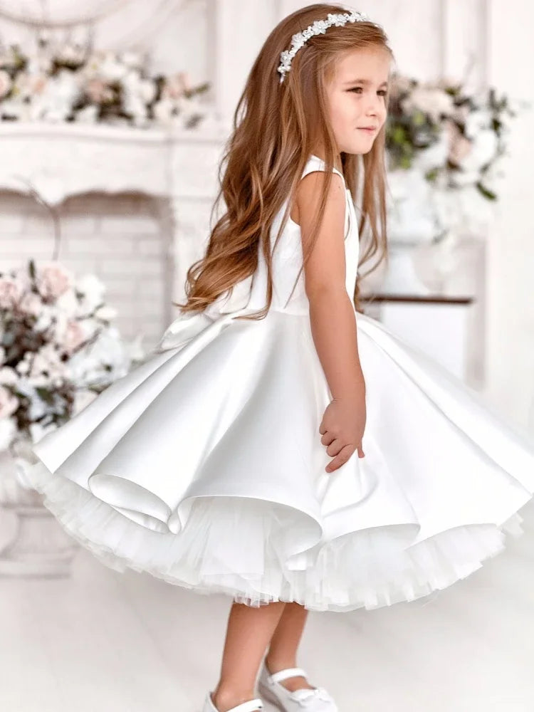 Pageant Dresses For Girls  Flower Girl Dresses White Satin With Bow Sleeveless For Wedding Birthday Party Banquet Princess Gowns