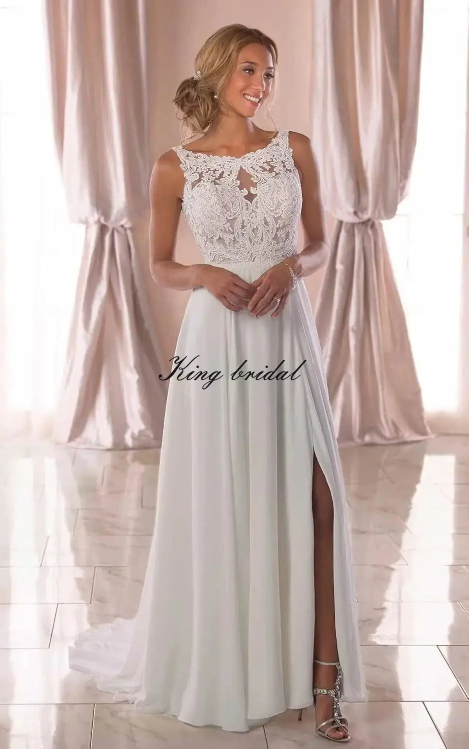 Vestido de novia bohemio largo con abertura en forma de A, elegante, de gasa y encaje, hecho a medida, para playa, 2026 