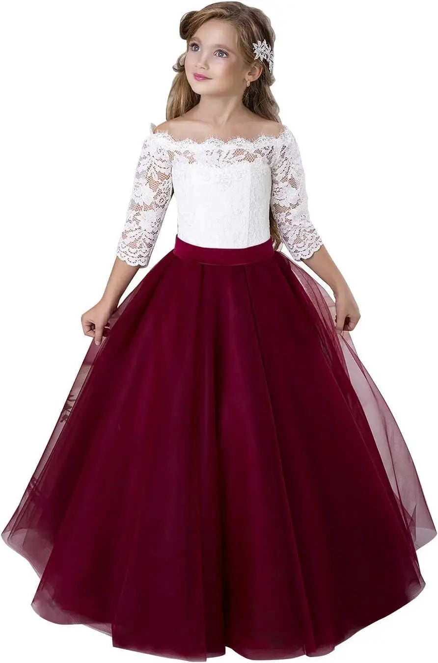 Blumenmädchenkleid Langarm Kinder Weiß Spitze Kinder Festzug Party Weihnachten Ballkleid Erstkommunion Kleider 