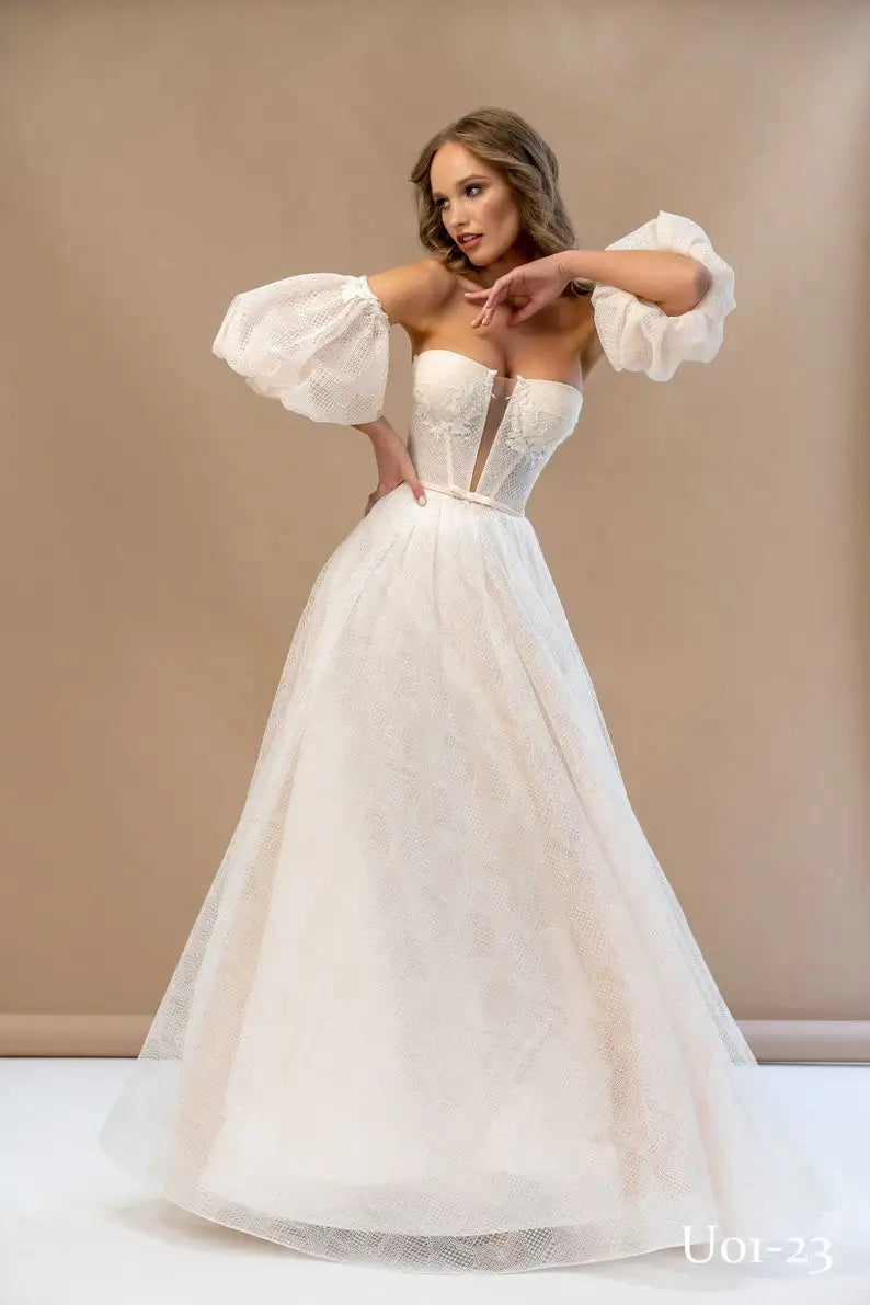 Spitze besticktes Hochzeitskleid Laternenärmel Kleider Nude Boho Brautkleid Korsett Custom Hochzeitskleid schlichtes Brautkleid 