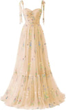 Women's Flower Embroidery Tulle Prom Dresses Corset Long Spaghetti Strap Fairy Ruched Formal Evening Party Gown Bridesmaid Dress