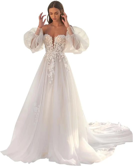 Vestidos de novia con apliques de encaje para novia 2025, vestidos de novia para bodas en la playa para mujeres, vestido de novia de talla grande 