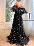 Sparkly Starry Tulle Prom Dresses for Women Slit Long Puffy Sleeve Glitter Star Formal Evening Party Gown Junior Bridesmaid Gown