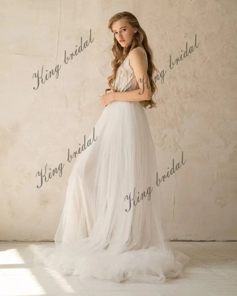 Vestido de novia sin mangas color marfil, vestido de novia con escote en V, vestido de novia de tul, vestido de novia sencillo con espalda abierta, vestido de novia para la playa 