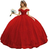 Tulle Quinceanera Dresses with Bow Puffy Off Shoulder Sweet 16 Dresses Sparkly Crystal Quince Dress with Train