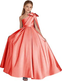One-Shoulder-Satin-Blumenmädchenkleider, lange Festzugskleider für Mädchen, Ballkleid mit Schleife, Prinzessinnenkleid, Partykleider