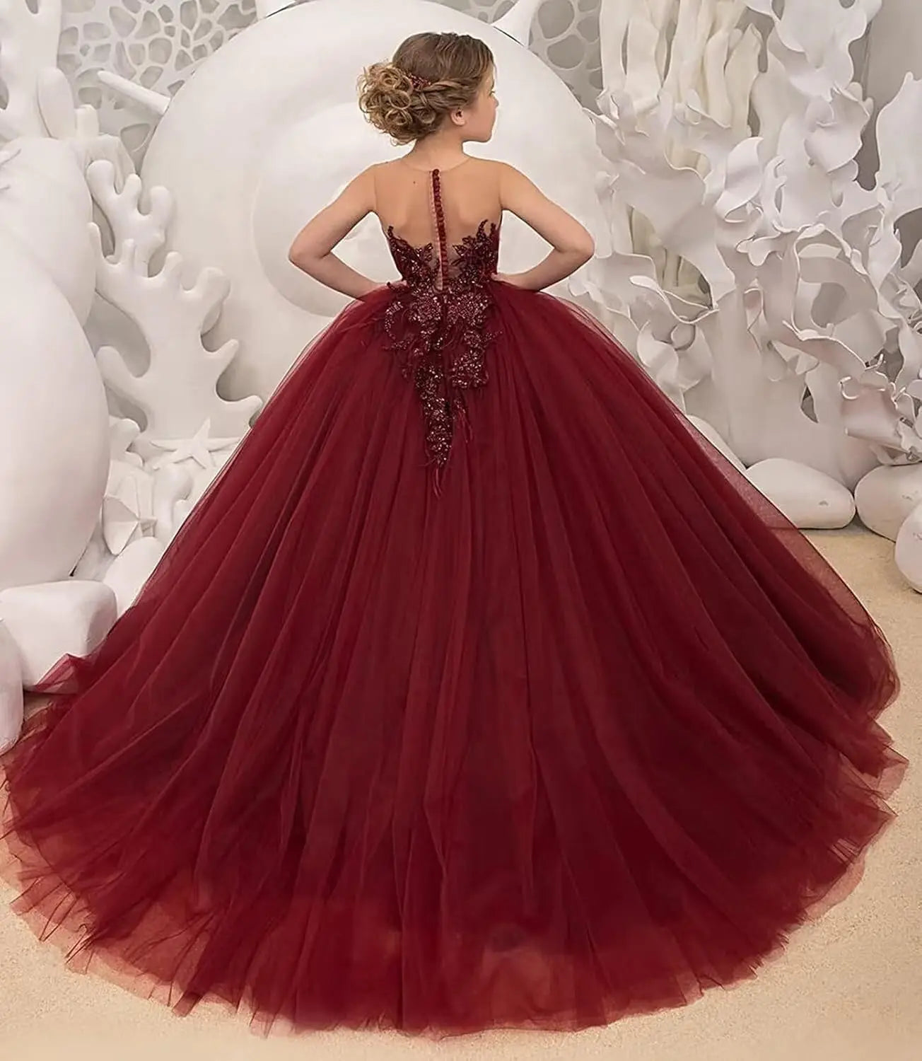 Tulle Flower Girls Dresses Lace Appliques Long Formal Princess Wedding Pageant Ball Gowns for Children