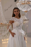Florales Spitzen-Brautkleid, Satinrock, Korsettkleid mit abnehmbarer Schleife, A-Linie, individuelles Brautkleid, schlichtes Hochzeitskleid 