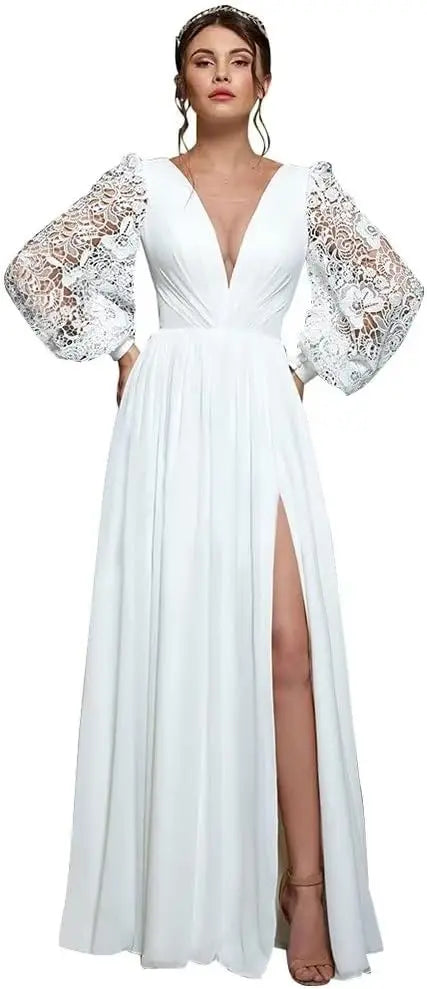Langärmliges Brautjungfernkleid, Chiffon, Ballkleid, langes Hochzeitskleid mit Spitzenapplikation, V-Ausschnitt, formelle Kleider mit Schlitz 