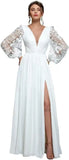 Langärmliges Brautjungfernkleid, Chiffon, Ballkleid, langes Hochzeitskleid mit Spitzenapplikation, V-Ausschnitt, formelle Kleider mit Schlitz 