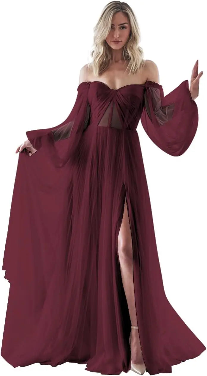 Vestidos de fiesta de manga larga abullonados para mujer, hechos a medida, con abertura en los hombros, de tul, para boda, formales, de noche, transparentes. 