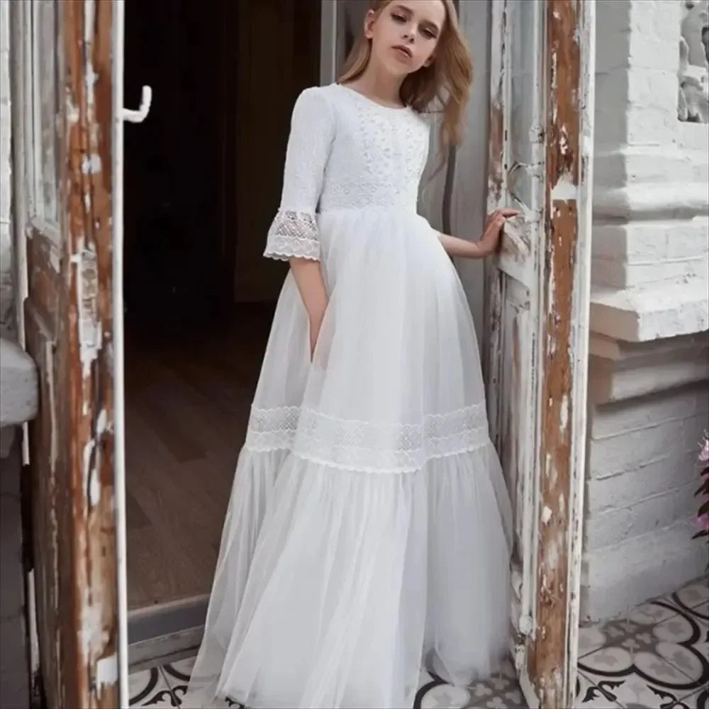 Vestidos de primera comunión para fiesta de cumpleaños, personalizados, blancos, para niña de las flores, para desfile, para boda, con volantes y cuentas. 