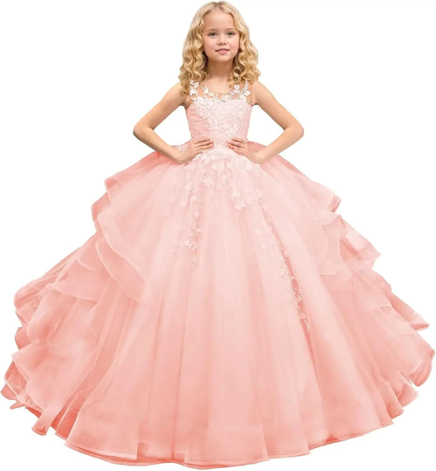 Tüll Prinzessin Ärmellose Festzugskleider Lange Spitze Applique Blumenmädchen Kleid Kinder Geburtstagsparty Ballkleid Festzugskleider 