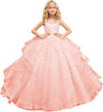 Tüll Prinzessin Ärmellose Festzugskleider Lange Spitze Applique Blumenmädchen Kleid Kinder Geburtstagsparty Ballkleid Festzugskleider 