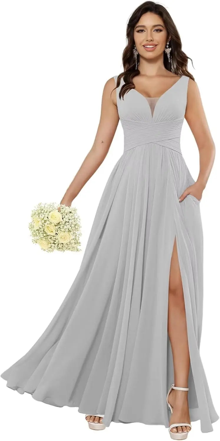 Custom Made Women's Simple Chiffon Bridesmaid Dresses with Pockets Long V Neck Formal Evening Prom Gowns Dresses with Slit