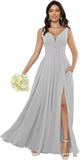 Custom Made Women's Simple Chiffon Bridesmaid Dresses with Pockets Long V Neck Formal Evening Prom Gowns Dresses with Slit