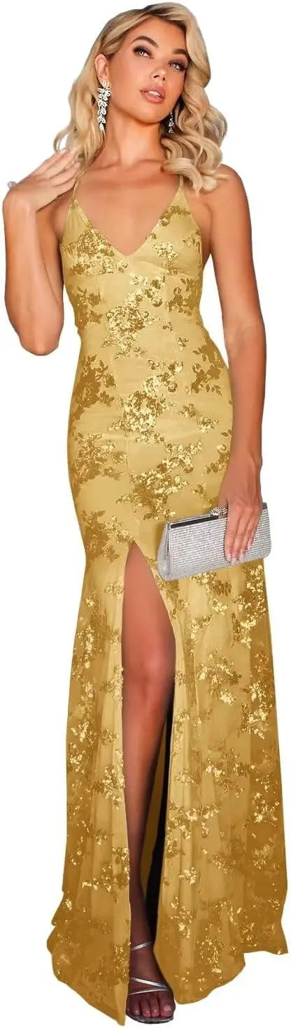 Vestidos de fiesta de sirena con encaje y lentejuelas sexys para mujer 2025, vestido formal de noche con tirantes finos largos y abertura de encaje brillante. 