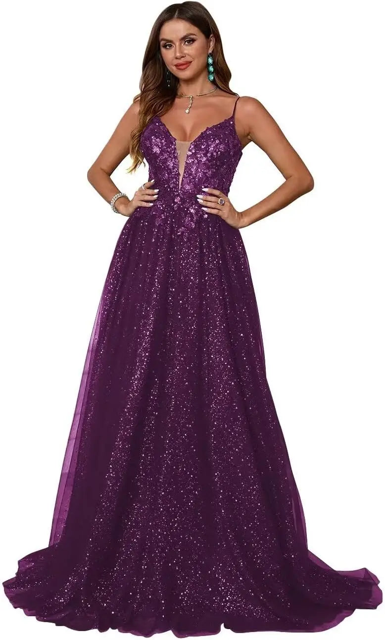 Glitzerndes Tüll-Ballkleid für Damen, Spaghettiträger, tiefer V-Ausschnitt, Spitzenapplikationen, Ballkleid, langes A-Linien-Abendkleid 