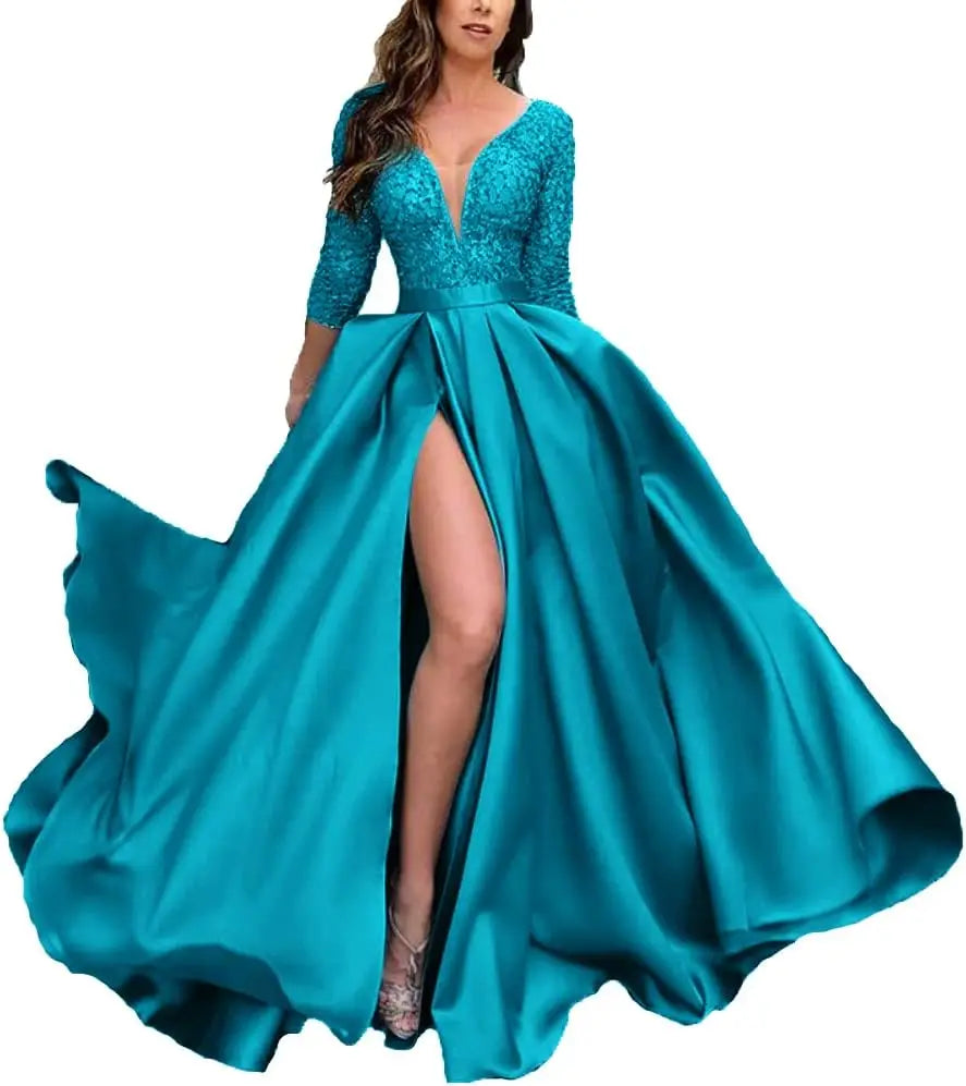 Deep V-Neck Satin Prom Dress for Women, 3/4 Sleeve Formal Evening Gown with Pockets, Elegant Party Dress