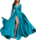 Deep V-Neck Satin Prom Dress for Women, 3/4 Sleeve Formal Evening Gown with Pockets, Elegant Party Dress
