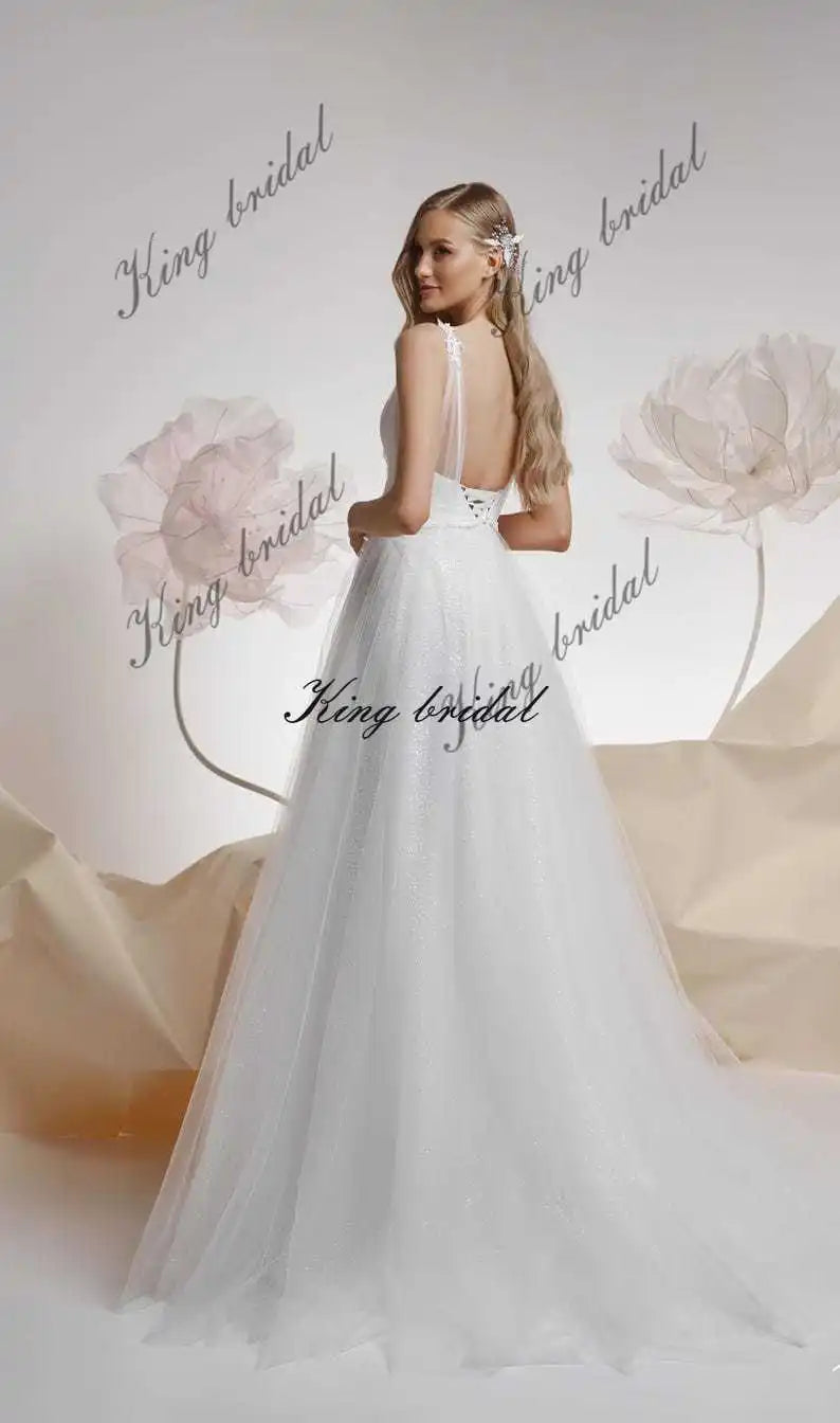 Vestido de novia de tul con puntos y purpurina personalizado, vestidos de novia de tul brillante, elegantes vestidos de novia con corsé, vestido de novia drapeado personalizado. 