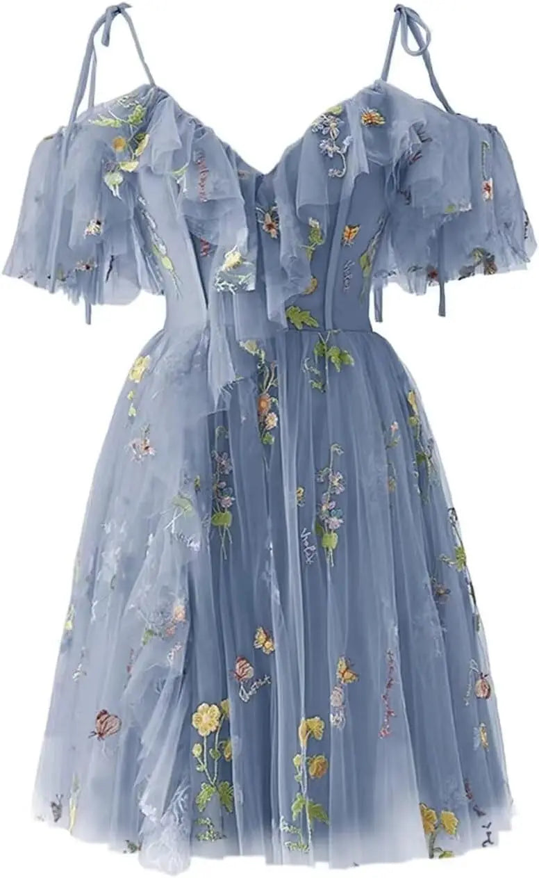 Flower Embroidery Tulle Short Homecoming Dresses for Teens 2026 Mini Spaghetti Straps Formal Prom Party Gown Junior Bridesmaid