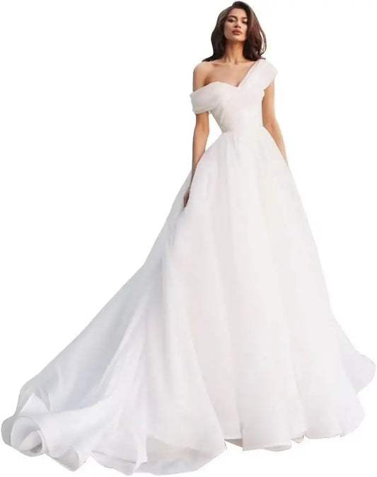Custom made One Shoulder Tulle Prom Dresses Long Quinceanera Dress Ball Gown Organza Puffy Wedding Dress for Bride Bridal Gowns