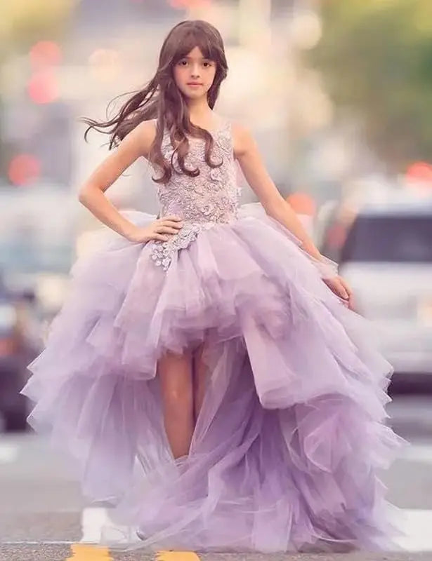 Blumenmädchenkleid für Mädchen, hoch und niedrig, Festzugskleider, gestufte Tüllapplikationen, Prinzessin, formelle Party, Ballkleid, Festzug für Mädchen 