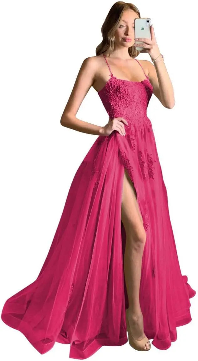 Vestidos de fiesta largos de encaje cruzado con tirantes finos y abertura para mujer 2026. 