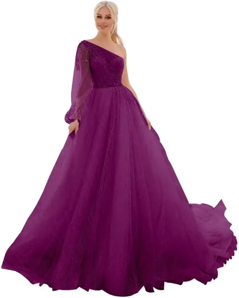 One Shoulder Appliques Tulle Prom Dresses Glitter Ball Gown Wedding Dress Princess Formal Gown