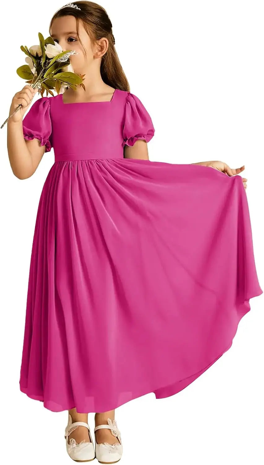 Long Chiffon Junior Bridesmaid Dresses for Wedding with Sleeve Formal Flower Girl Dress for Teens princess dress