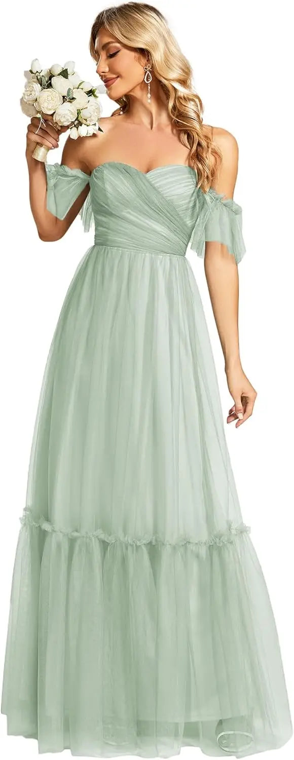Women's Formal Dress Sweetheart Off-Shoulder Ruched Tulle Maxi Bridesmaid Dresses elegant dress women for wedding party