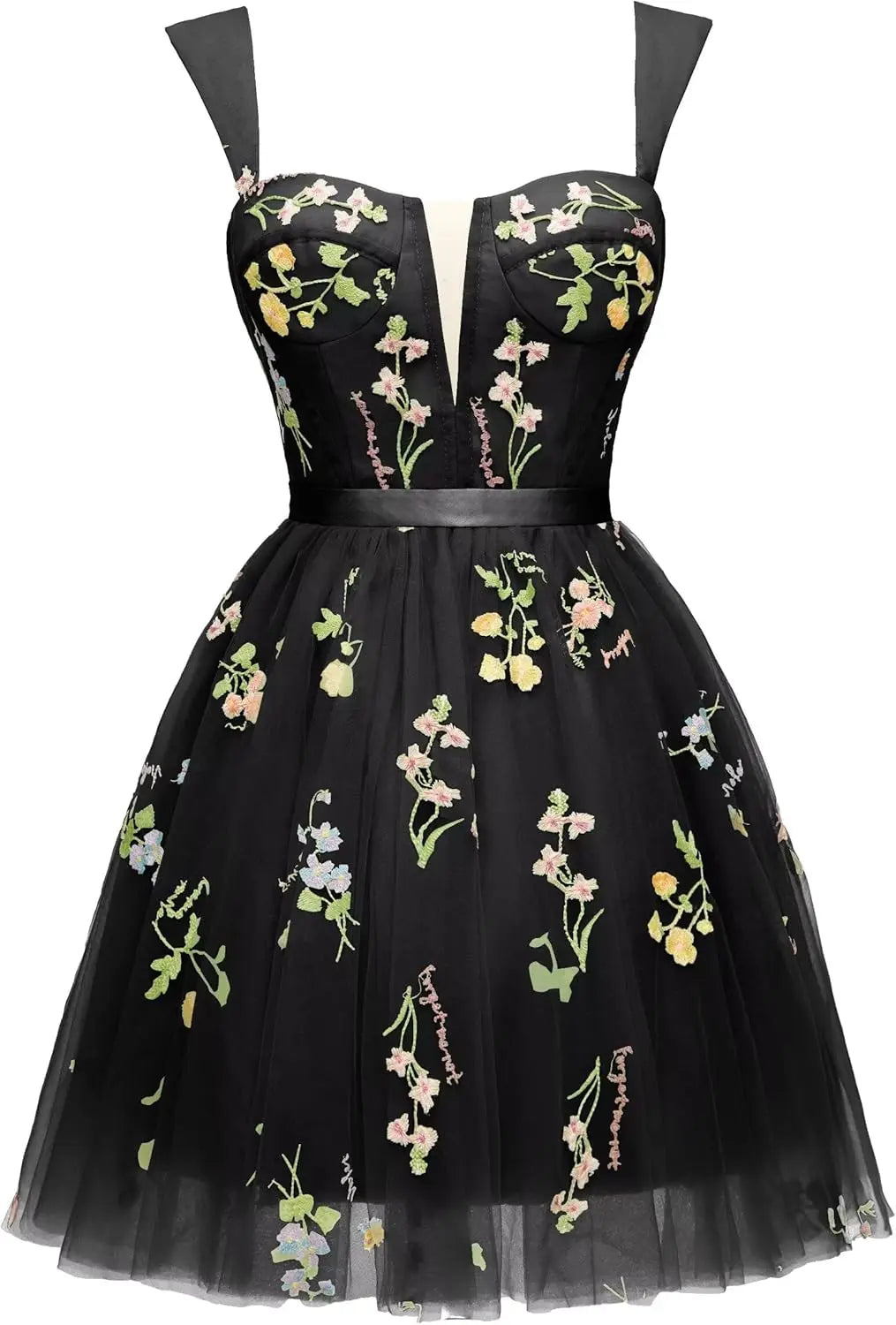 Vestidos cortos de fiesta para adolescentes con bordado de flores, tul, tirantes finos, largo hasta la rodilla, con margaritas y estampado floral. 
