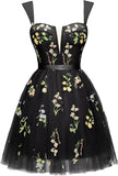 Vestidos cortos de fiesta para adolescentes con bordado de flores, tul, tirantes finos, largo hasta la rodilla, con margaritas y estampado floral. 