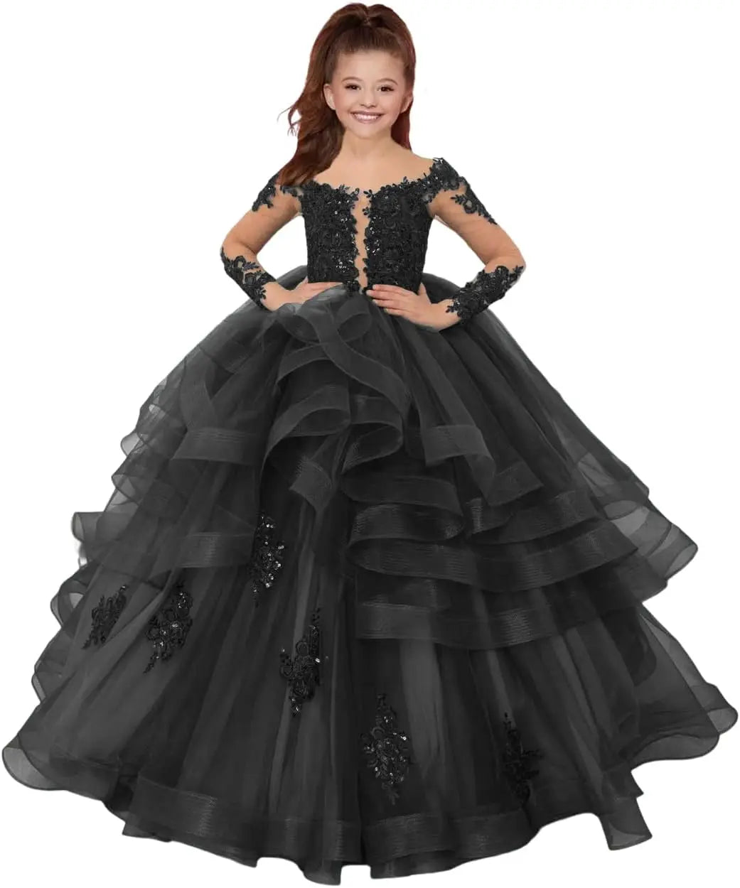 Custom made Princess Long Sleeve Flower Girl Dresses Appliques Ruffles Tulle Pageant Dresses for Girls Kids Party Ball Gowns