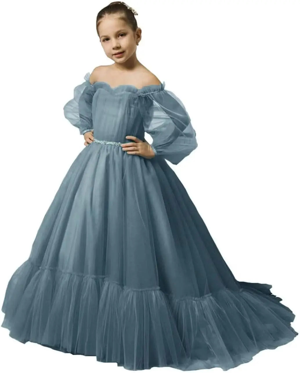 Vestidos de niña de las flores con mangas abullonadas para boda, vestidos de desfile de tul con hombros descubiertos, vestido de línea A para niña pequeña con cinturón, vestido para niña bebé 