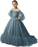 Vestidos de niña de las flores con mangas abullonadas para boda, vestidos de desfile de tul con hombros descubiertos, vestido de línea A para niña pequeña con cinturón, vestido para niña bebé 