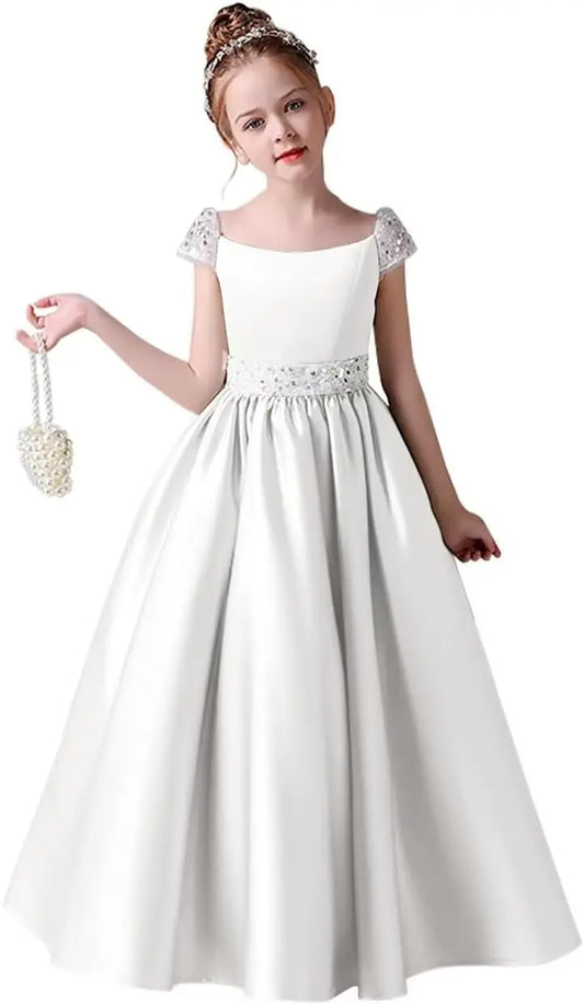 Vestidos de desfile para niñas, vestido de satén para niñas de flores, mangas cortas, vestido de baile con lentejuelas, vestido de princesa para fiesta de cumpleaños, vestido de desfile para niñas 