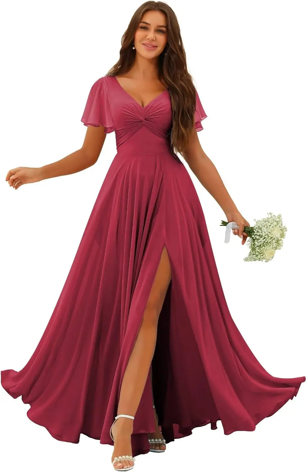 Custom Made Flutter Sleeves Split Bridesmaid Dresses with Slit Long V Neck Empire Waist Formal Evening Dress for Women Wedding