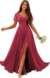 Custom Made Flutter Sleeves Split Bridesmaid Dresses with Slit Long V Neck Empire Waist Formal Evening Dress for Women Wedding