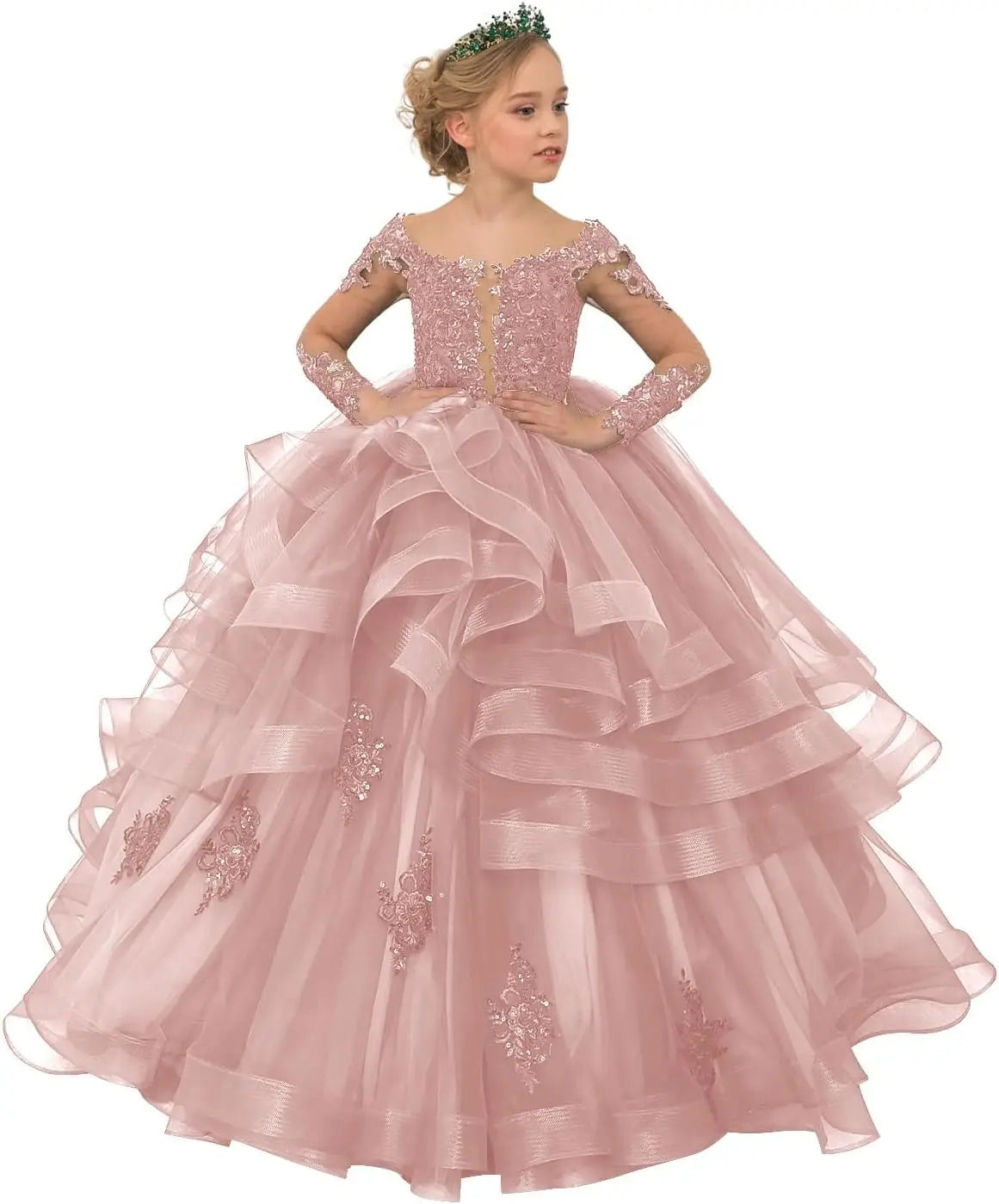 Long Sleeve Flower Girl Dresses Laces Applique Beaded Princess Pageant Dress Beaded Ruffle Tulle Kids Prom Party Gown