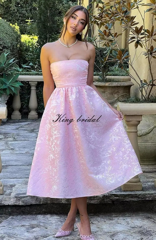 Floral Jacquard Satin Tea Length Prom Dresses for Women A Line Strapless Midi Corset Formal Evening Party Gown Bridesmaid Dress