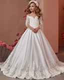 Vestido elegante de primera comunión para fiesta de cumpleaños, largo hasta el suelo, color blanco, para niña de las flores, para desfile de bodas, con apliques de satén, 2026 